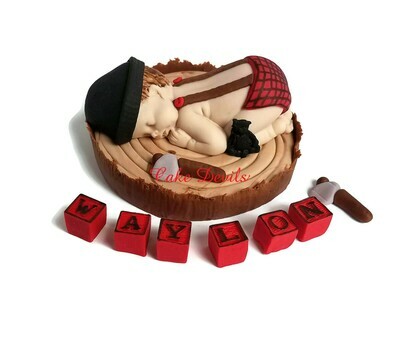 Fondant Lumberjack Baby Shower Cake Topper with Buffalo Plaid, Red Rustic, flannel diaper