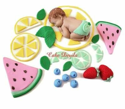 Tutti Frutti Baby Shower Fondant Cake Toppers with Lemon, Lime, watermelon, strawberries, blueberries