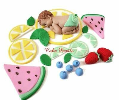 Tutti Frutti Baby Shower Fondant Cake Toppers with Lemon, Lime, watermelon, strawberries, blueberries