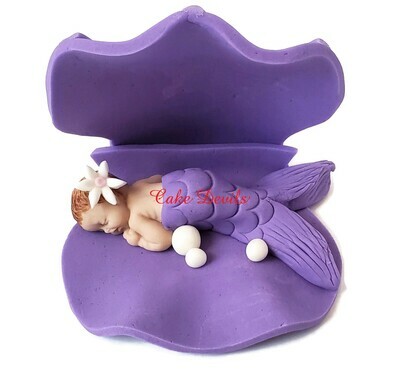 Mermaid Baby in a Waved Clam shell Baby Shower Cake Topper, Fondant Clam shell Cake Decoration