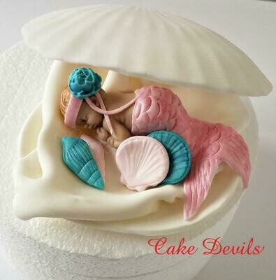 Mermaid Baby Sleeping in a Clam shell Baby Shower Cake Topper