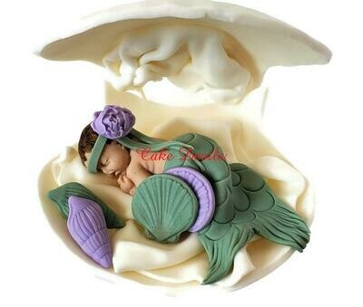 Mermaid Baby Sleeping in a Clam shell Baby Shower Cake Topper
