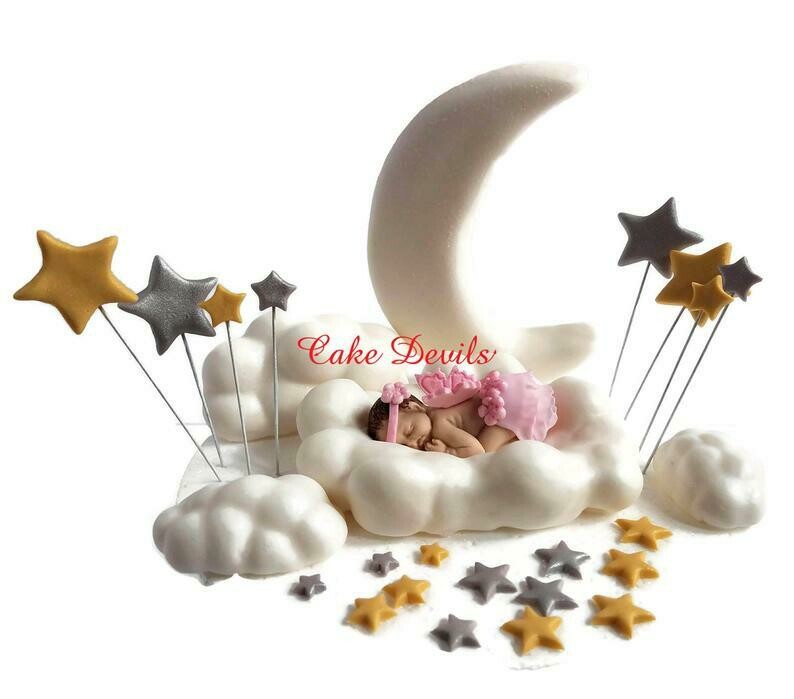 Fondant Moon, Stars, and Clouds with Sleeping Baby Shower Cake Decorations perfect for a Twinkle, Twinkle Little Star Cake