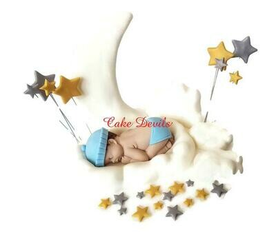 Fondant Moon, Stars, and Clouds with Sleeping Baby Shower Cake Decorations perfect for a Twinkle, Twinkle Little Star Cake
