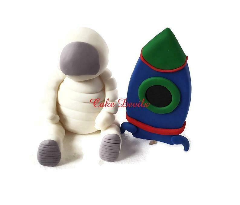 Fondant Astronaut and Rocket Ship Cake Toppers for Space Explorer Cake