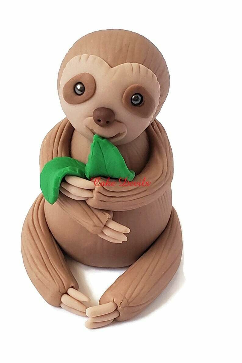 Fondant Sloth Cake Topper eating leaves, Handmade Sloth Cake Decorations