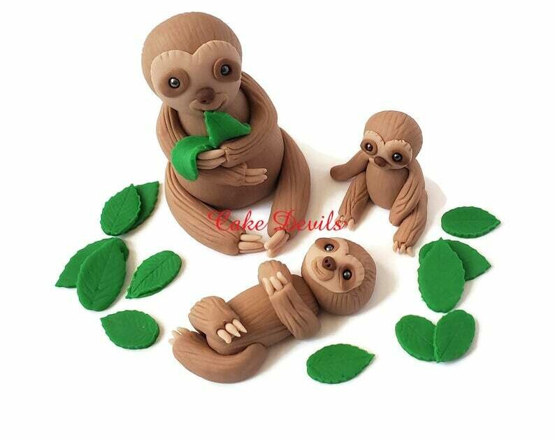 Fondant Sloth Cake Toppers, Handmade mommy and baby Sloth Cake Decorations