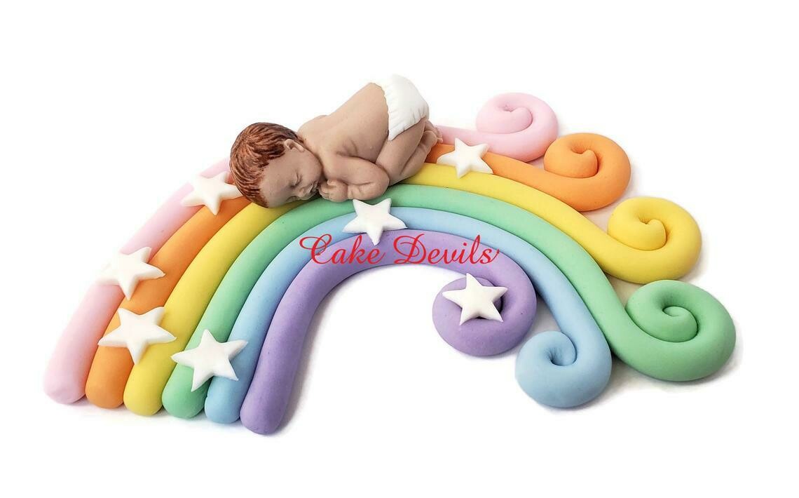 Fondant Rainbow Baby or Baby on Cloud with Rainbow Baby Shower Cake topper