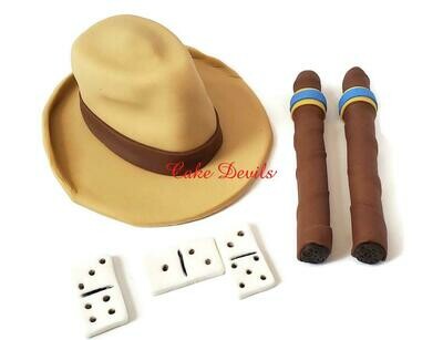 Fondant Men's Fedora Hat, Cigars, and Dominoes Cake Toppers, Great for a Men's Retirement or Birthday Cake