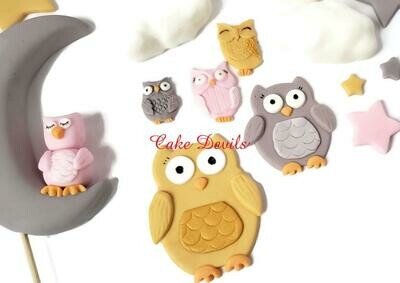 Fondant Owl, Moon, Stars, and Clouds Baby Shower Cake Decorations