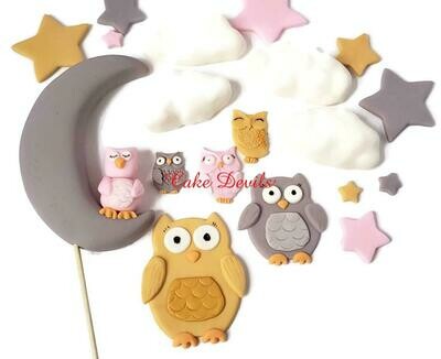 Fondant Owl, Moon, Stars, and Clouds Baby Shower Cake Decorations