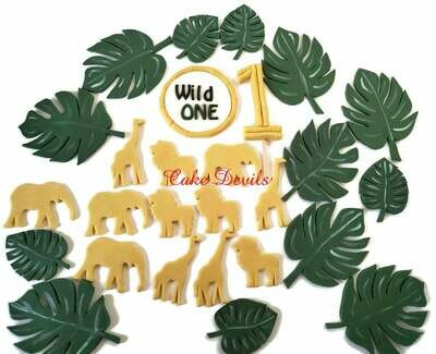 Fondant Gold Jungle Safari Animals and Monstera Leaves First Birthday Cake Toppers