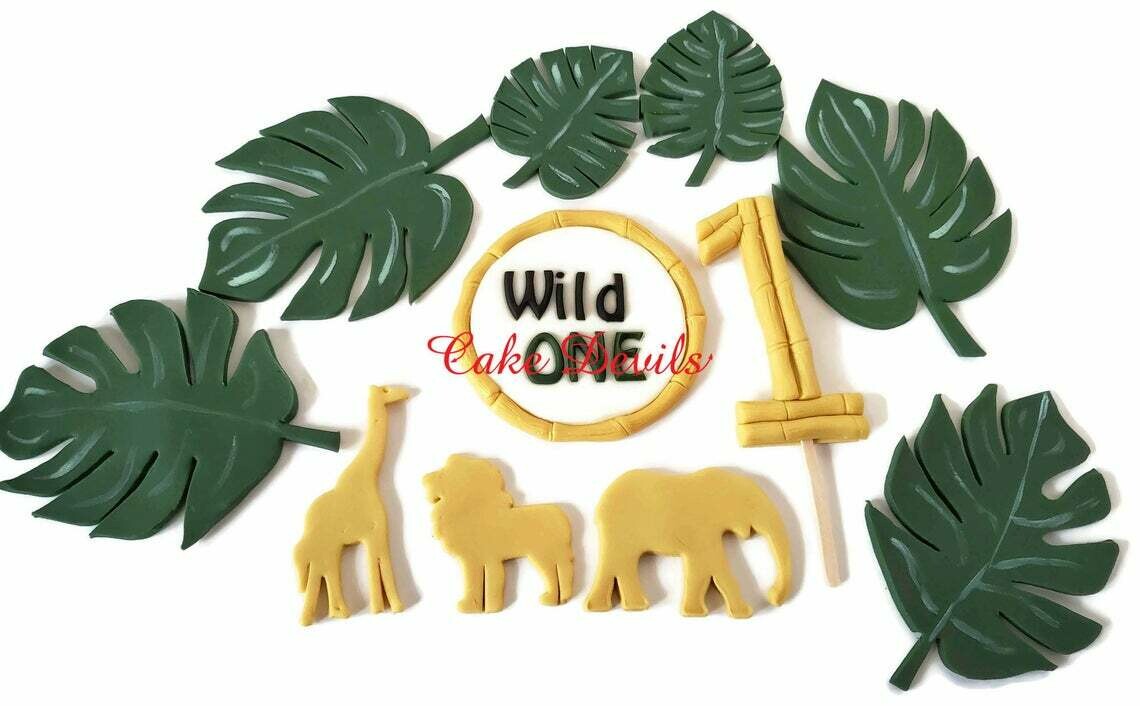 Fondant Gold Jungle Safari Animals and Monstera Leaves First Birthday Cake Toppers