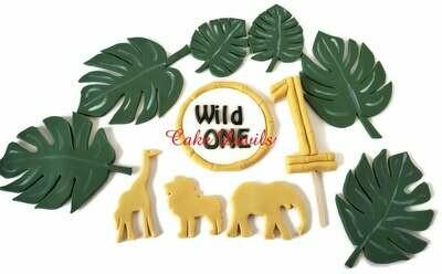 Fondant Gold Jungle Safari Animals and Monstera Leaves First Birthday Cake Toppers