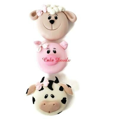 Fondant Farm Animal Faces of a Pig, Cow, Lamb / Sheep