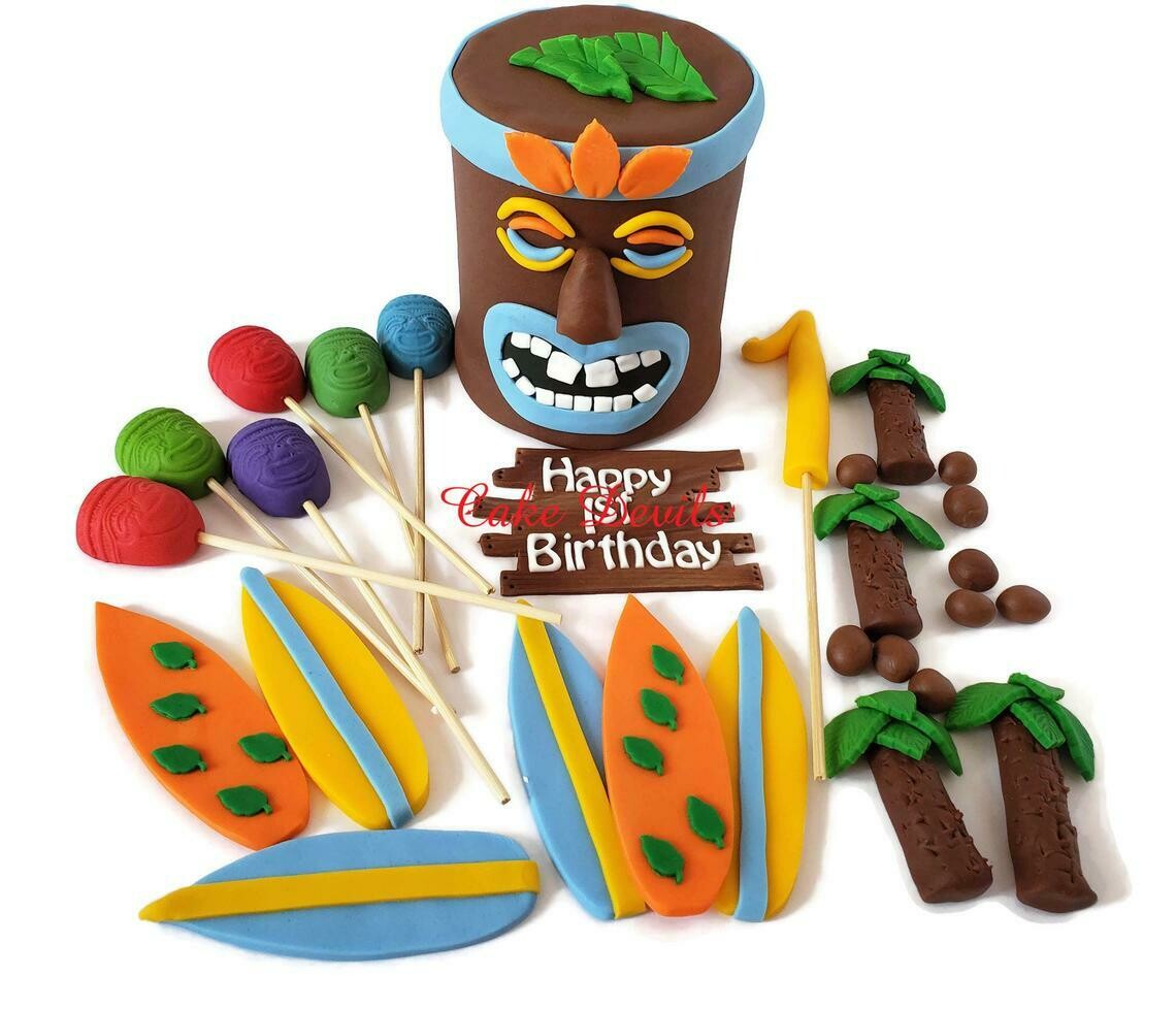 Tiki Head Cake Topper and Fondant Beach or Luau Party Cake Decorations