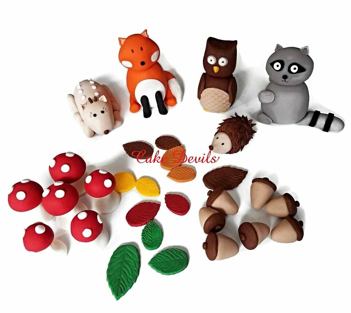 Fondant Woodland Creatures Cake Toppers with Fox, Owl, Deer, Raccoon, Porcupine, Mushrooms, Acorns, and Leaves