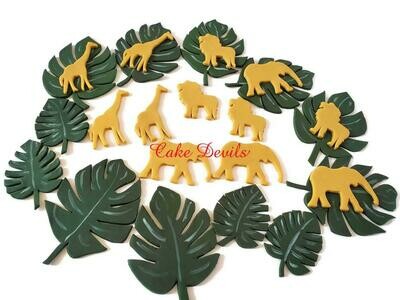 Fondant Gold Jungle Safari Animals and Monstera Leaves Cake Toppers