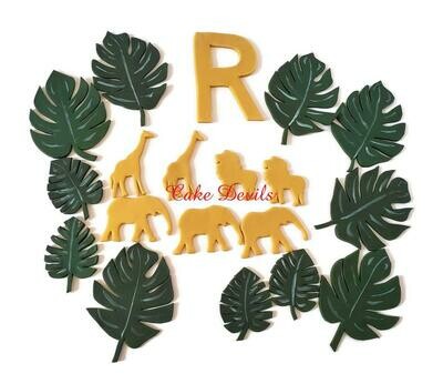 Fondant Gold Jungle Safari Animals and Monstera Leaves Cake Toppers
