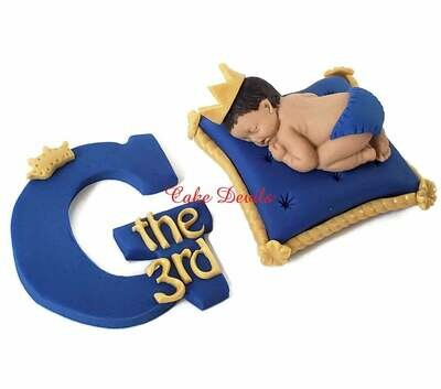 Royal Baby Shower Fondant Cake Topper of a Prince or Princess sleeping baby on a Pillow and Optional Matching Fondant Initial Letter