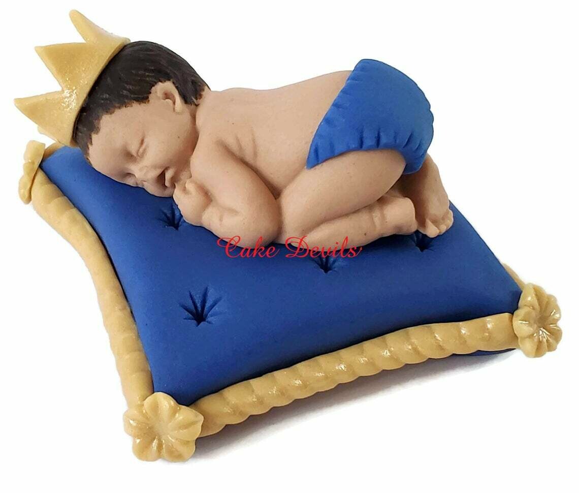 Royal Baby Shower Fondant Cake Topper of a Prince or Princess sleeping baby on a Pillow and Optional Matching Fondant Initial Letter
