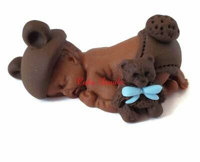 Fondant Baby Cake Topper dressed as Teddy Bear for Baby Shower, Baptism, or Christening