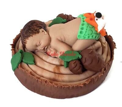 Fondant Baby with Fox on Diaper Baby Shower Cake Topper sleeping on a Tree Stump