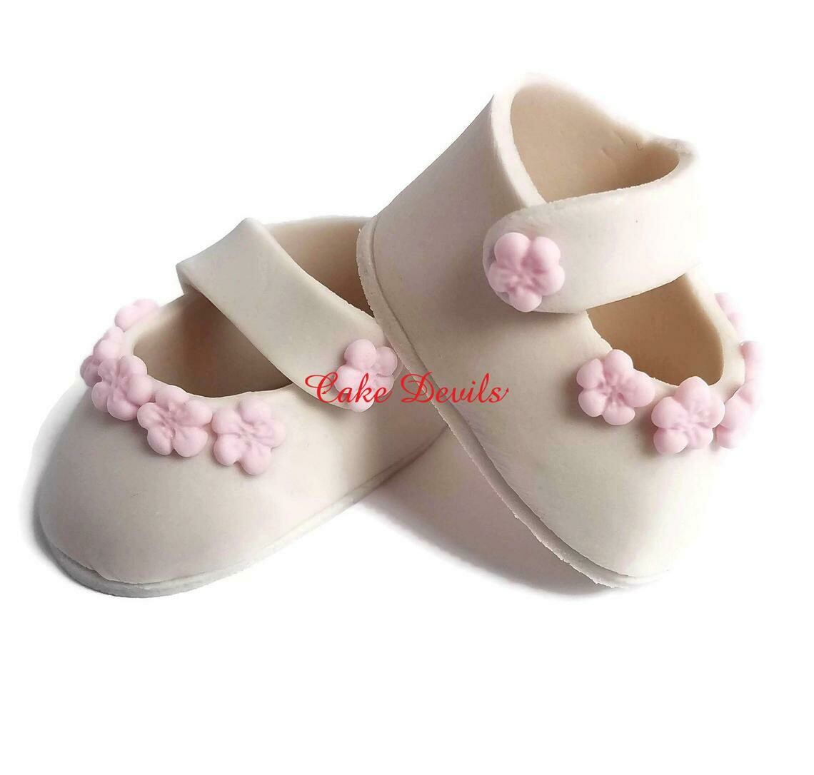 Baby Shower Shoes Cake Topper, Fondant Baby Booties with Flowers Cake Decorations