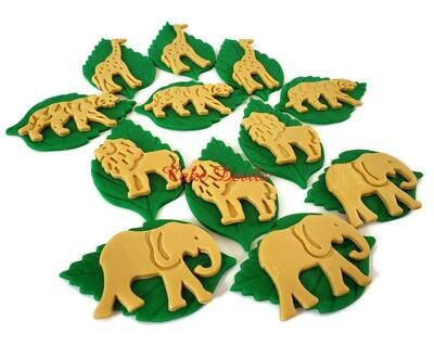 Fondant Gold Jungle Safari Animals on Leaves Cupcake Toppers