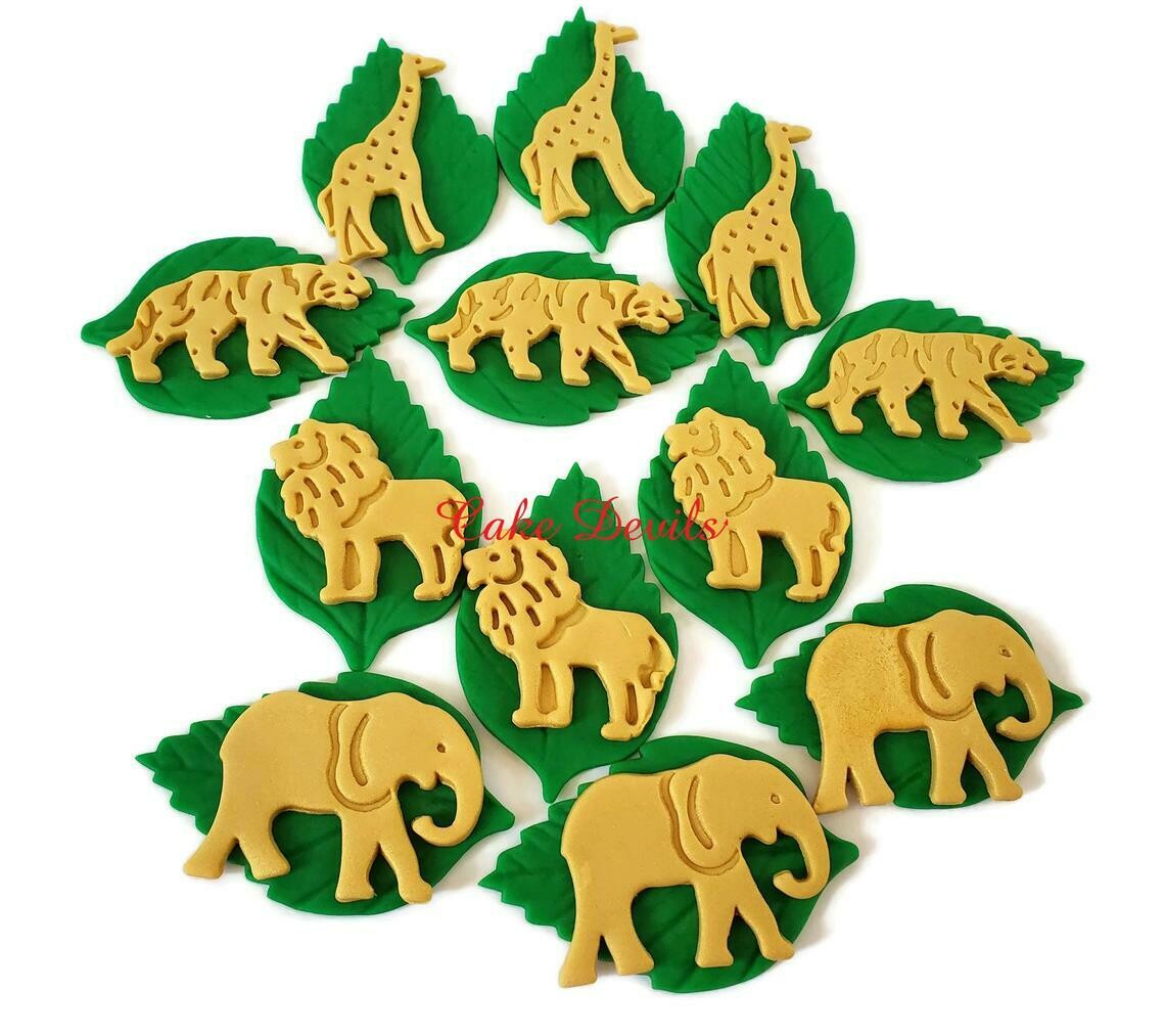 Fondant Gold Jungle Safari Animals on Leaves Cupcake Toppers