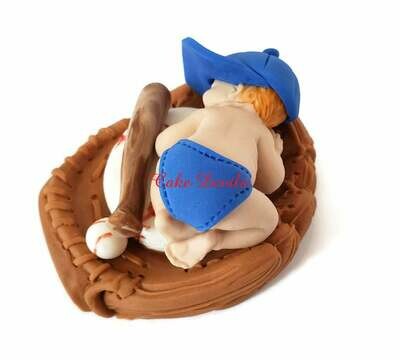 Fondant Baseball Baby Boy in Glove Cake Topper, Sleeping Baby Shower Cake Decoration