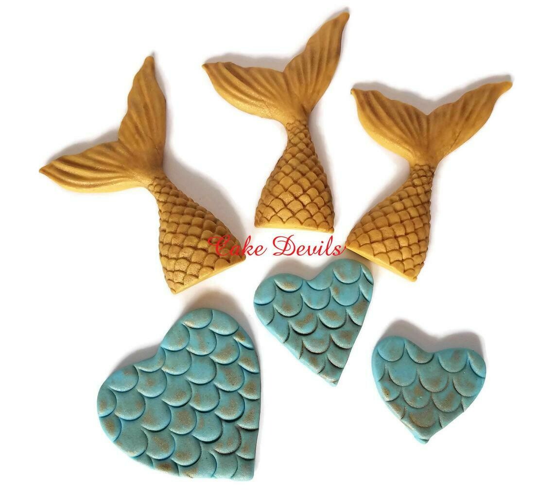 Mermaid Tails and scaled Hearts Fondant Cake Toppers