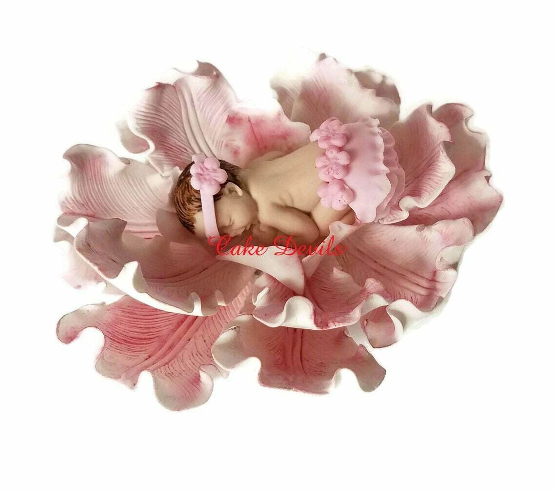 Baby Girl in a Flower Fondant Cake Topper with ruffled Skirt
