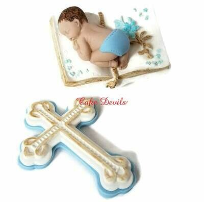 Handmade Christening Cake Topper, Baptism Fondant Sleeping Baby on a Bible Cake Decoration