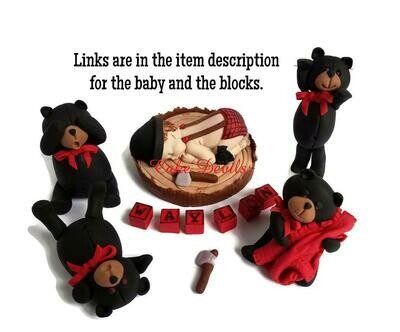 Black Bear Baby Shower Fondant Cake Toppers, Buffalo Plaid Grizzly Bear Cake Decorations