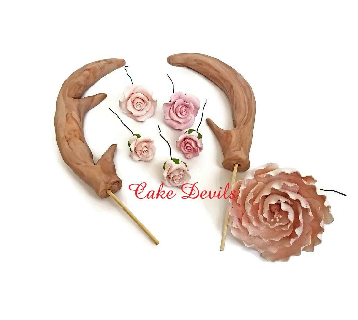 Fondant Antlers and Roses Cake Toppers, Hunting Cake Decorations