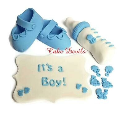 Bottle, Booties, and Plaque Baby Shower Fondant Cake Toppers