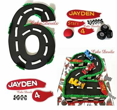 Race Car Cake Decorations, Fondant Race Track, Fondant Tires, Race Car Banners, Helmet, Finish Line