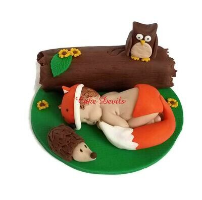 Woodland Creatures Fox Baby Shower Cake Topper with Fondant Owl, Porcupine