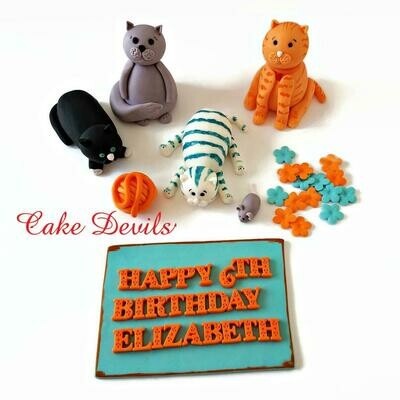 Fondant Cats Cake Toppers with yarn and mouse for a birthday cake