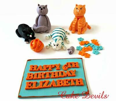 Fondant Cats Cake Toppers with yarn and mouse for a birthday cake