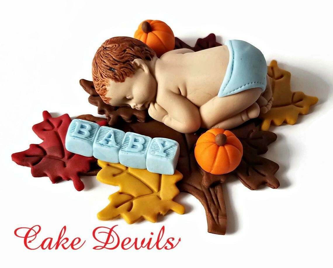 Fall Fondant Baby Shower Cake Topper for a Pumpkin Baby Shower, Sleeping baby with Fondant Baby Blocks and Fall leaves Cake Decorations