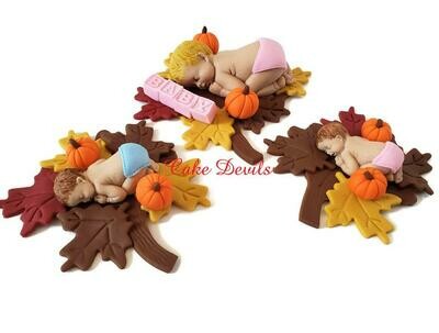 Fall Fondant Baby Shower Cake Topper for a Pumpkin Baby Shower, Sleeping baby with Fondant Baby Blocks and Fall leaves Cake Decorations
