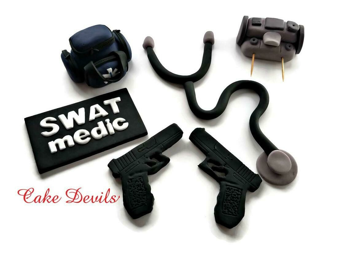 Emergency Medical Cake Topper Kit, Fondant SWAT Medic Cake Decorations including Medical bag, fondant guns