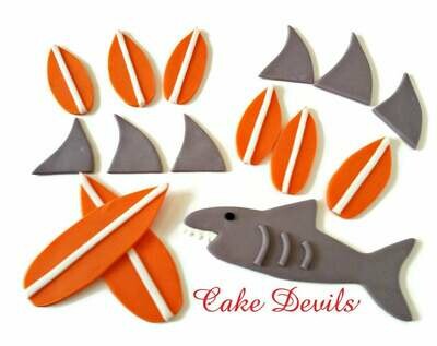 Surfboard and Shark Fin Fondant Cupcake and Cake Toppers, Great for an Ocean theme Birthday Party Cake