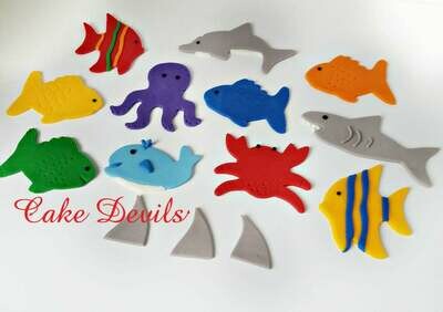 Ocean Life Fondant Cake Toppers, Fish Cake Decorations for Beach Party, Shark, Dolphin, Crab, Whale, Octopus, Handmade Edible Sea Creatures
