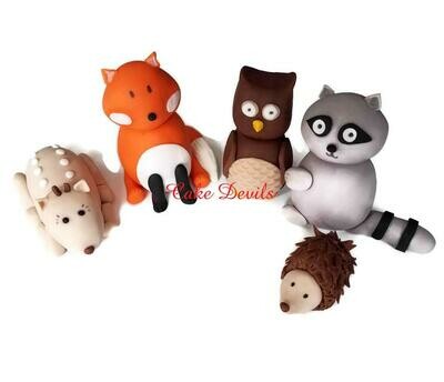 Woodland Creatures Cake Kit, Fox, Owl, Deer, Raccoon, Porcupine, Mushrooms, Acorns, Leaves, Fondant Woodland Cake Toppers