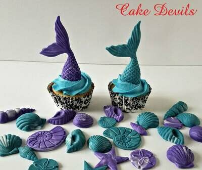Mermaid Tails and Sea Shells Fondant Cupcake Toppers for Under the Sea Cupcake Decorations