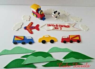 Modes of Transportation Fondant Cake Topper Kit - Train, Plane with banner, Truck, Cow, and Car Cake Decorations, All Handmade Edible cake decor