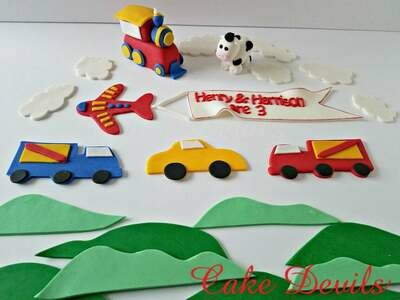 Modes of Transportation Fondant Cake Topper Kit - Train, Plane with banner, Truck, Cow, and Car Cake Decorations, All Handmade Edible cake decor